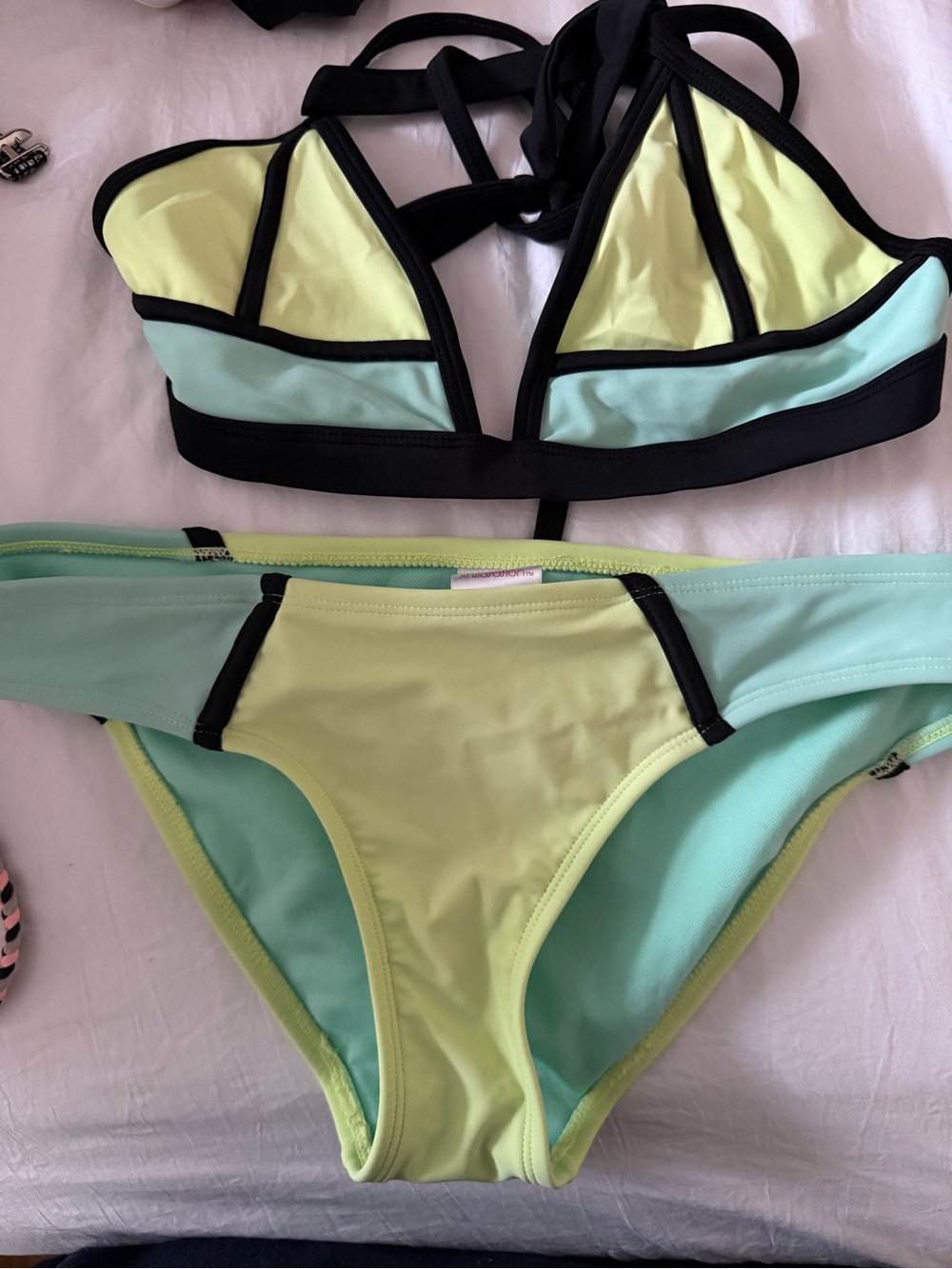 Xhilaration Mint & Neon Yellow Triangle Bikini with Black Trim